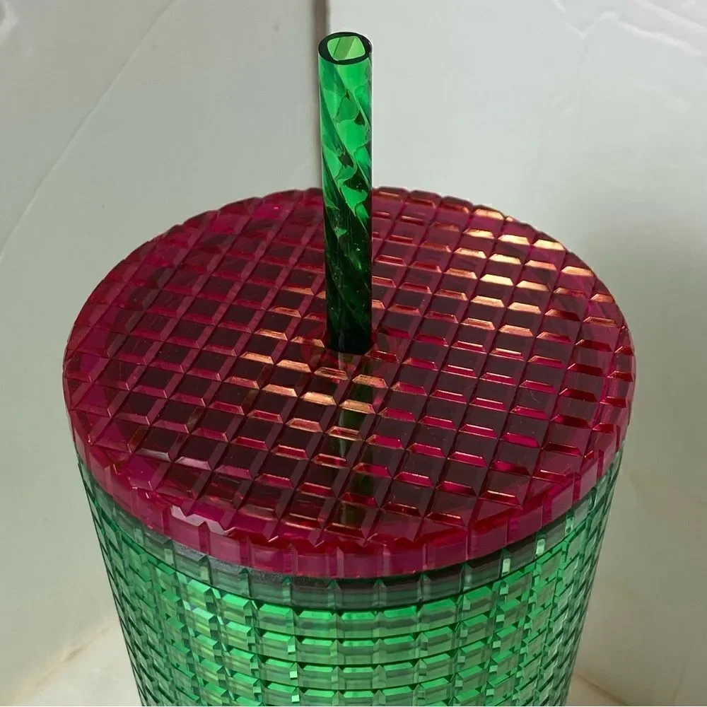Starbucks New With Tags Green Grid 24oz Tumbler Pink Lid